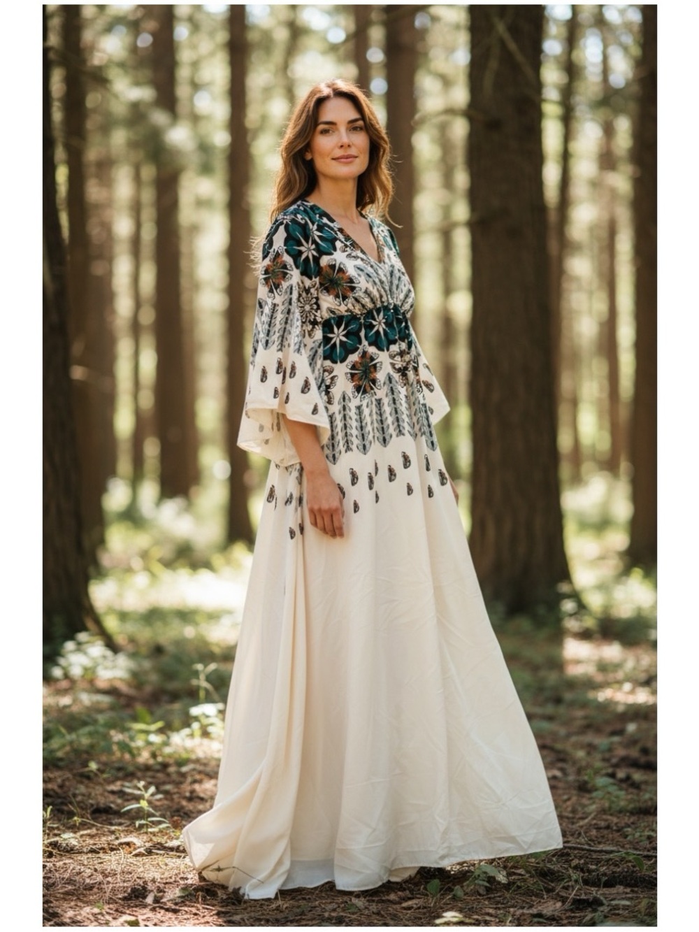 Meghan LA Women’s Sz M Boho Maxi Dress Turkey Sunset Bell Sleeve 70s Ivory